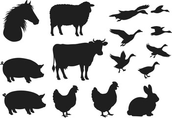 Farm animal silhouette vector set featuring livestock, poultry, flying ducks, rural creatures, domestic icons for agriculture designs, educational materials, illustrations, and creative projects