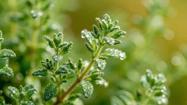 Close up of dew droplets on small plant leaves, nature macro shot