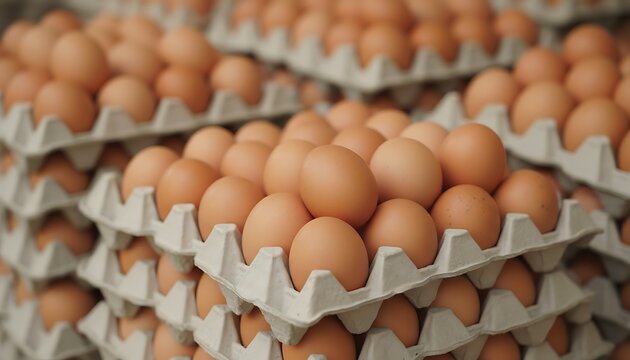 Stacks of fresh brown eggs neatly arranged in cardboard cartons, ready for distribution and sale at the market, showcasing organic quality - Powered by Adobe