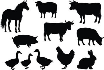 Farm animal silhouette vector set featuring livestock, poultry, rural creatures, domestic icons for agriculture designs, educational materials, illustrations, farming projects, and creative artworks