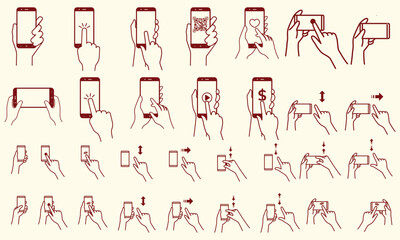Smartphone touch screen icon set. Hand clicking, tapping, touch gesture on mobile device. Cell phone interface interaction. Click cursor, finger press, touchscreen action vector illustration
