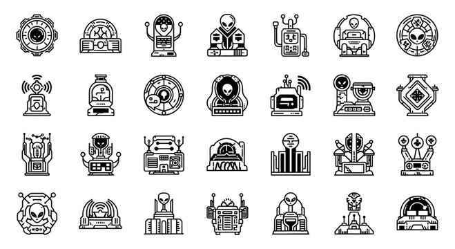Futuristic alien technology icons representing sci-fi concepts, advanced machinery, and extraterrestrial innovation for modern design projects