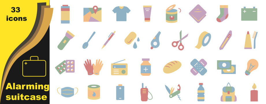 A set of icons in soft pastel colors dedicated to the theme of survival and emergency preparedness.