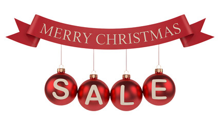 Merry Christmas sale text displayed on red ornaments and ribbon, transparent png isolated.