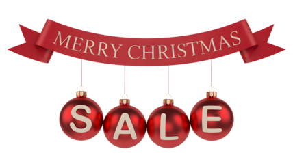 Merry Christmas sale text displayed on red ornaments and ribbon, transparent png isolated.