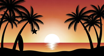 surfing board on the beach while sunset a beautiful scane