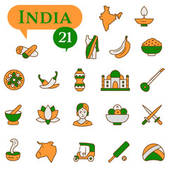 A set of icons in orange and green colors dedicated to life in India.