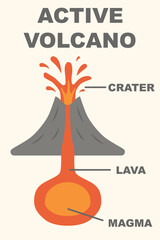 Infographic about active volcanoes for teaching materials in geography and natural science.