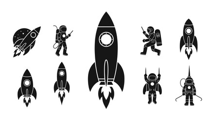 Dynamic astronauts and rockets launch into exploration, igniting a sense of adventure and future possibilities for innovative projects and futuristic themes. © rohmat