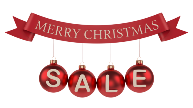 Merry Christmas sale text displayed on red ornaments and ribbon, transparent png isolated.