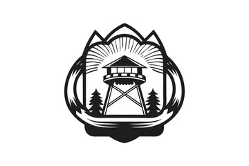 Black and white emblem featuring a forest fire watchtower in a shield design
