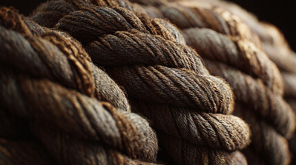 Close-up of a sturdy, tightly twisted rope, showcasing texture and detail. The rope appears to be made of natural fibers, and has a strong, aged appearance. 