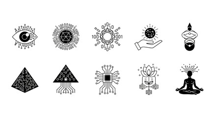 Dynamic collection of futuristic technology and abstract concept icons for modern digital design and innovation projects.