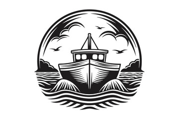 Black and white fishing boat is sailing upon wave under the birds silhouette