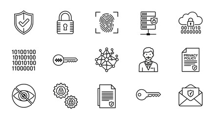 Modern digital security icons for data protection, privacy, and access control showcasing encryption, identity, and compliance for tech businesses