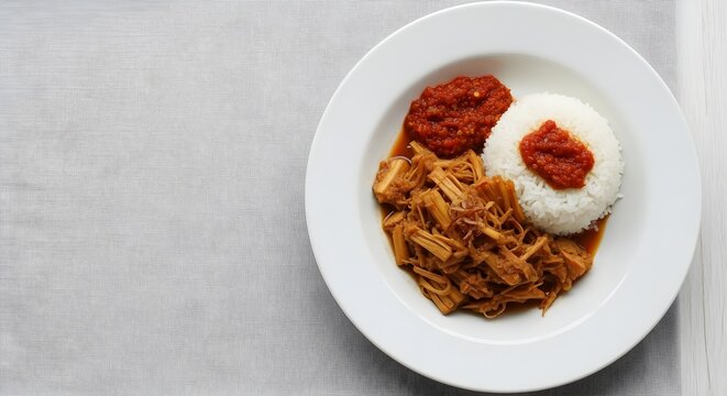 Delicious Indonesian Gudeg Dish with Rice and Sambal on White Plate.