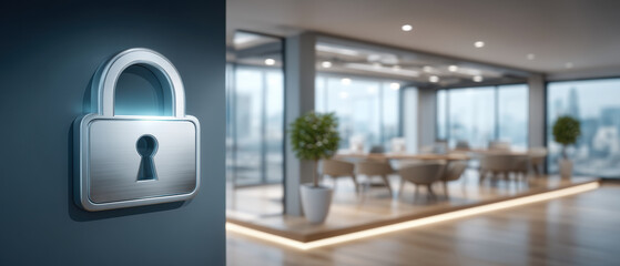 Secure office concept with padlock wall data security protecting modern conference room and blurred city view creating calm professional atmosphere