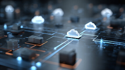 Cloud computing concept with circuit and cloud-shaped icons. Digital transformation and data transfer concept