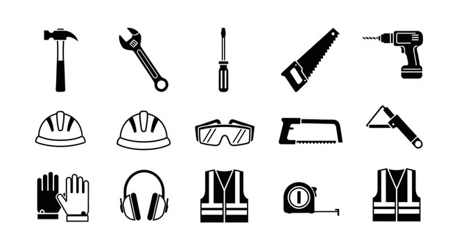 Essential construction tools and safety gear icons for building projects and industrial work, illustrating professional craftsmanship and protective measures. - Powered by Adobe