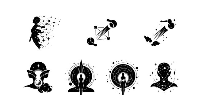 Abstract cosmic human silhouettes and celestial designs symbolizing transformation, consciousness, and the universe's mysteries