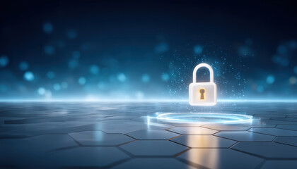 Secure lock glowing over hexagonal platform data security concept glowing padlock protecting digital network and privacy