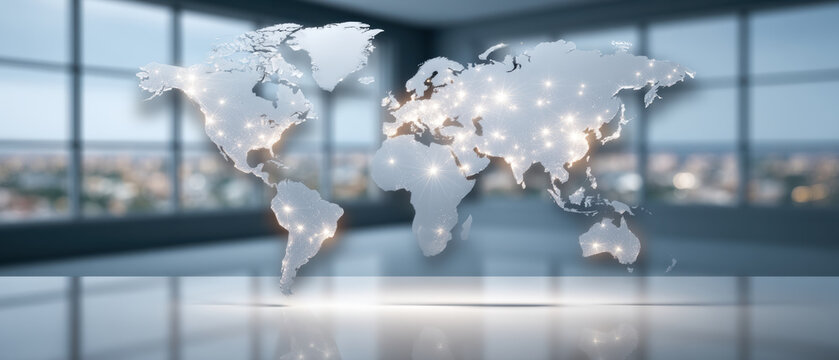 Global network data security map with illuminated connection points across continents conveying digital protection and connectivity modern office