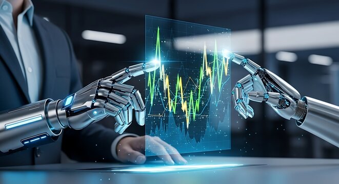 Elegant AI trading analysis with robotic hands interacting with financial data, forecasting market trends, modern investing in a digital economy