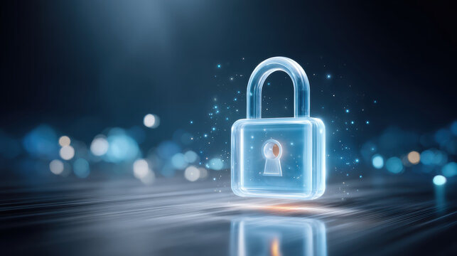 Secure glass padlock glowing on digital surface with data security sparkles and soft bokeh lights creating futuristic protection mood