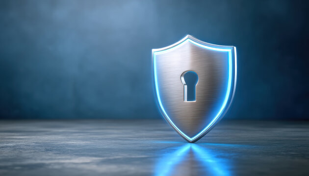 Shield with keyhole glowing blue reflective floor data security concept protecting digital information with metallic texture and soft moody