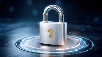 Secure silver padlock on digital circuit data security concept glowing ring with soft bokeh light and futuristic technology ambiance