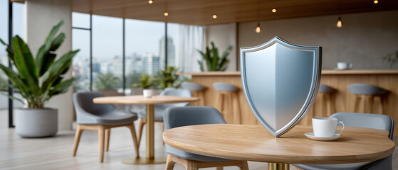 Data security shield on cafe table symbolizes protection of network privacy and safe cloud storage in modern workspace