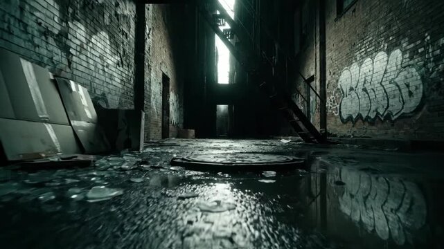 Dark alleyway with dumpsters and graffiti on the walls at daytime
