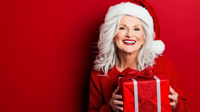 Joyful Gifting: A senior woman radiates warmth and cheer as she cradles a vibrant red gift box in the festive spirit of holiday celebrations.