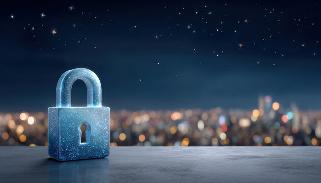 Secure padlock on rooftop under starry sky symbolizes data security and urban protection inspiring trust and calm night atmosphere