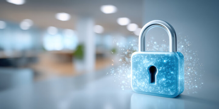 Data security concept digital padlock glowing on office desk modern protection and privacy visualizing encryption and safe network access