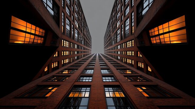 Sight of tall urban buildings reaching towards the sky at dusk