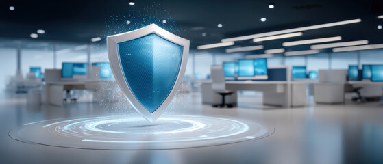 Secure blue shield hologram over modern office data security network protection concept