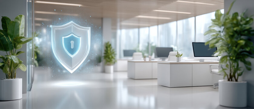 Futuristic office data security shield hologram glowing in modern workspace protecting network and privacy with minimal decor and plants