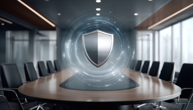 Secure shield emblem in modern boardroom conveying data security and corporate protection with futuristic digital glow and calm professional mood