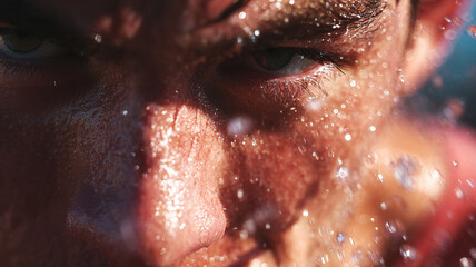 Close up of determined athlete with sweat droplets flying, showcasing intensity