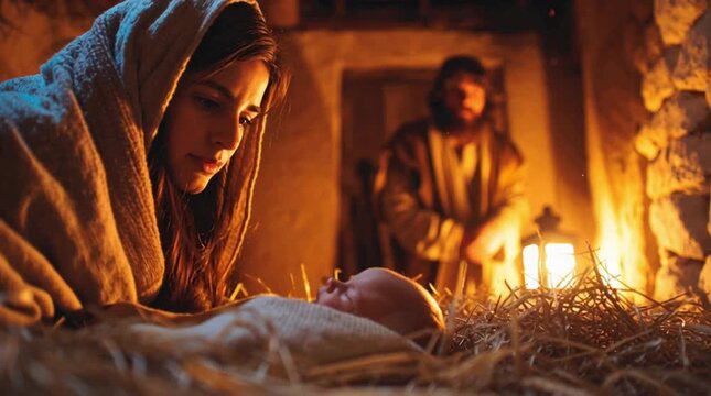 Mary looks at the newborn baby Jesus. Jesus is in the nativity scene.  Jesus, Mary, and Joseph. The first Nativity of Jesus.