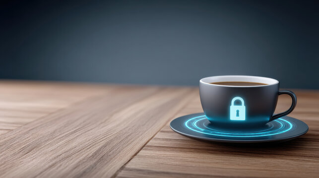 Secure coffee cup on wooden table with glowing lock icon and data security aura conveying privacy and cybersecurity protection mood - Powered by Adobe