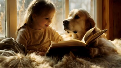 A young girl and a dog are engrossed in reading a book by a window. The girl is seated by the window, her gaze directed towards the dog, who is attentively listening intently.