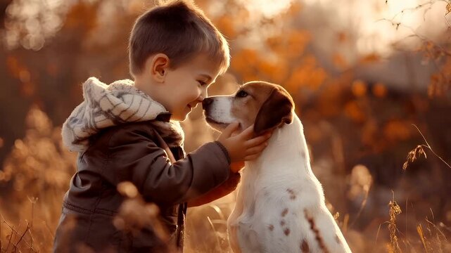 A young boy and his dog share a tender moment in an autumnal setting. The boy, dressed in a brown jacket and a patterned scarf, lovingly embraces the dog from behind. The dog.