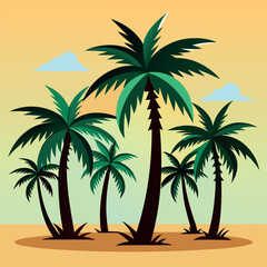 Tropical palm tree pattern with sunset colors and beach background.