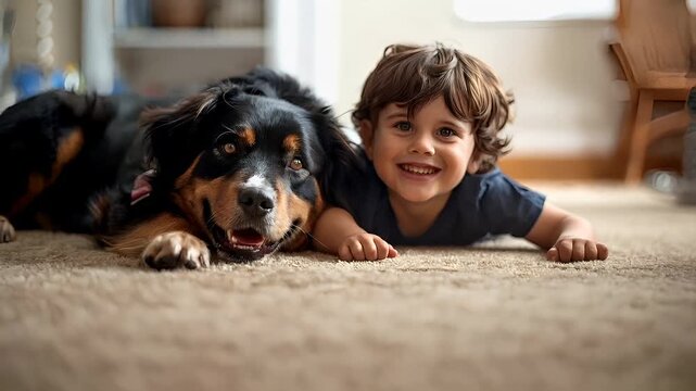 A young child and a dog are lying on a carpet, with the child leaning forward slightly. The dog is a Bernese Mountain Dog with a black, tan, and brown coat.