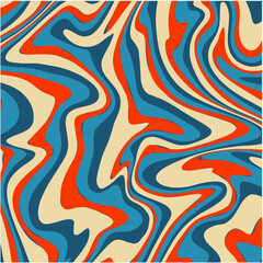 An abstract swirling pattern featuring bold lines of cream blue and orange creates a retro vibe.