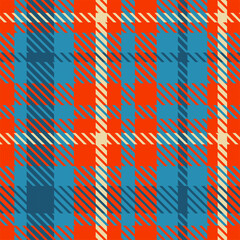 A vibrant and energetic plaid pattern featuring bold intersecting lines of bright orange and deep teal with delicate cream accents creating a visually dynamic textile design.