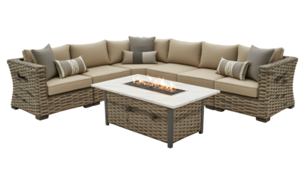 A sectional outdoor sofa with a fire pit coffee table sits waiting for guests, transparent png, isolated.
