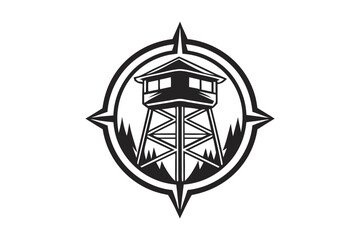 Black compass features watchtower above trees, indicating exploration in monochrome